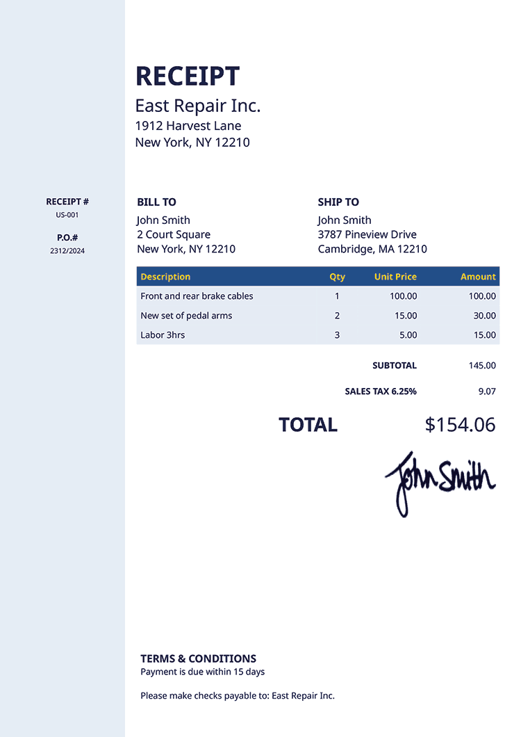 Receipt Template Us Column Blue 