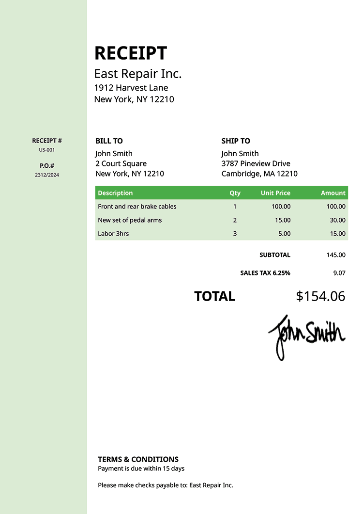 Receipt Template Us Column Green 