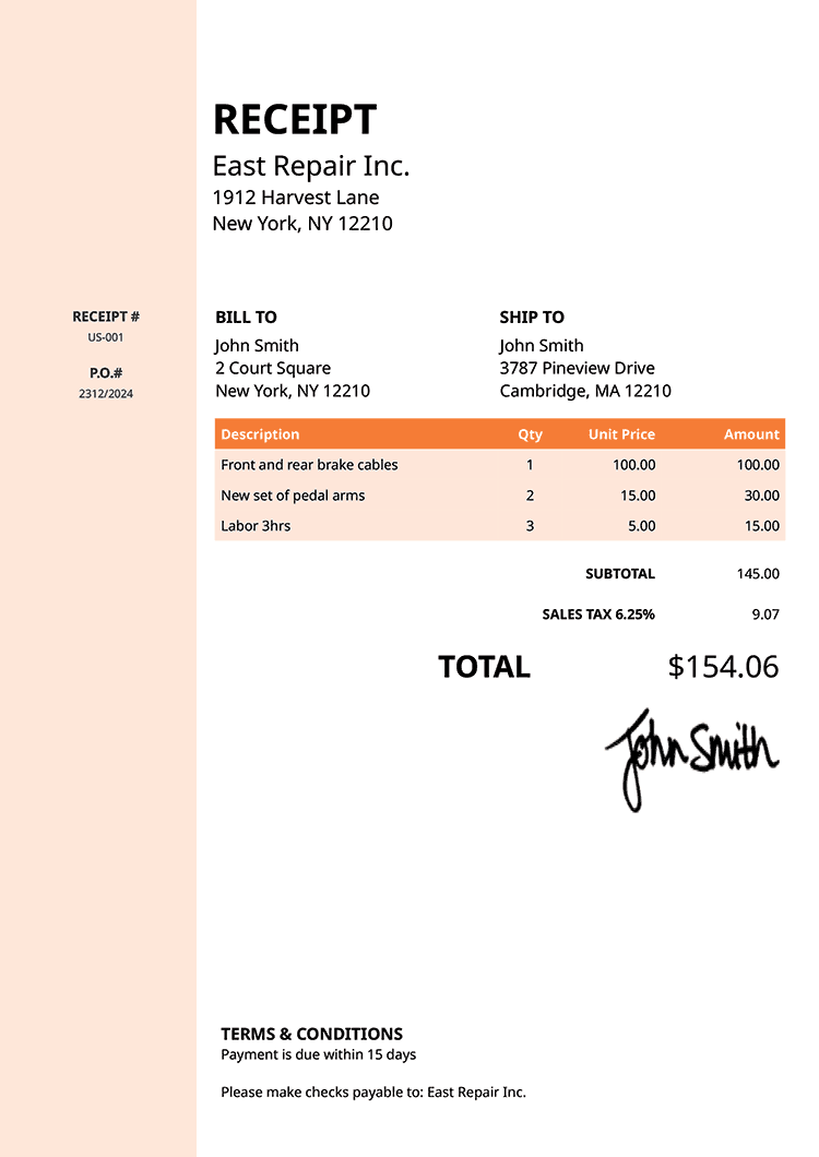 Receipt Template Us Column Orange 