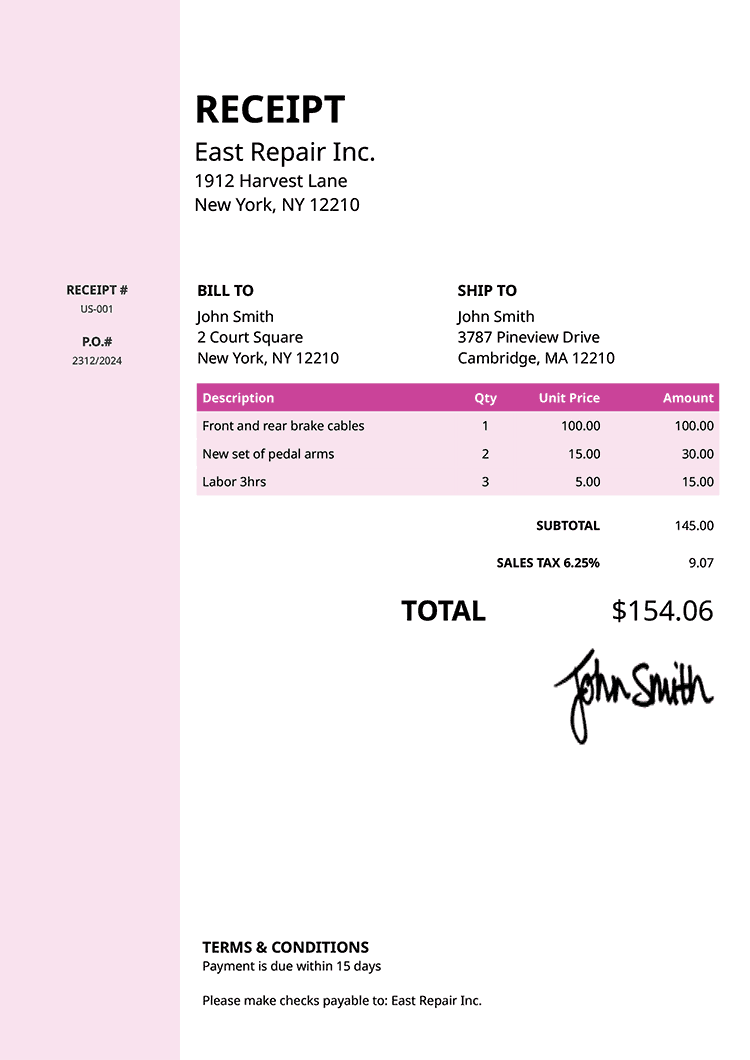 Receipt Template Us Column Pink 