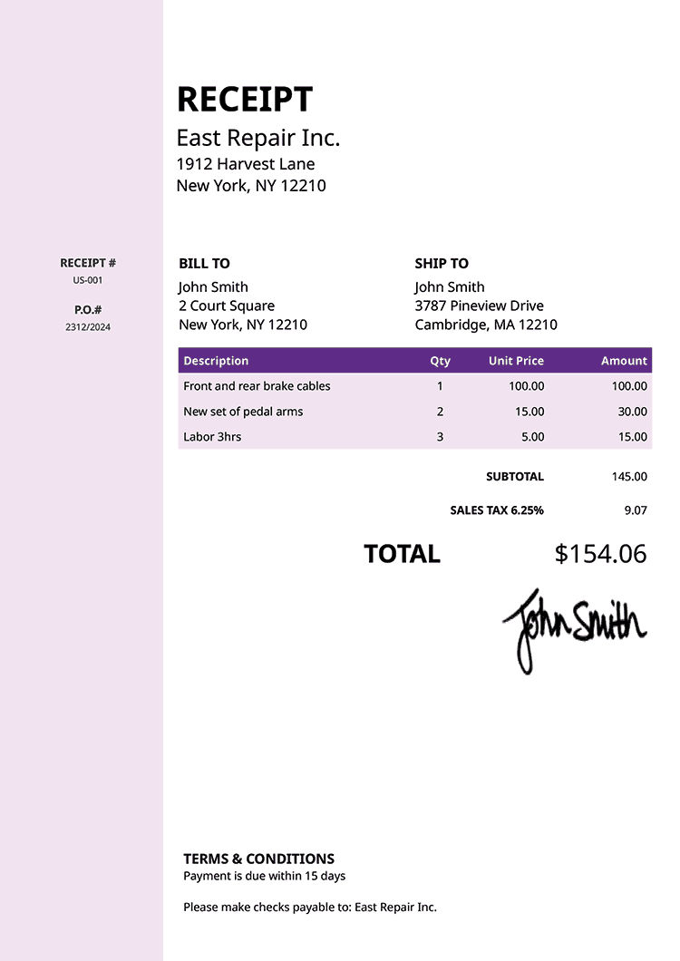 Receipt Template Us Column Purple 