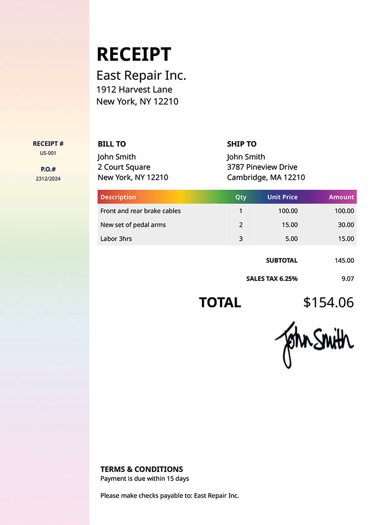 Receipt Template Us Column Rainbow 