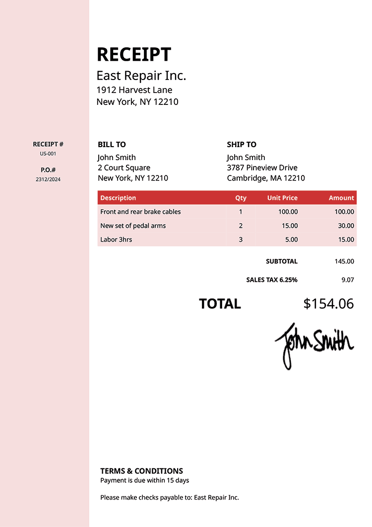Receipt Template Us Column Red 