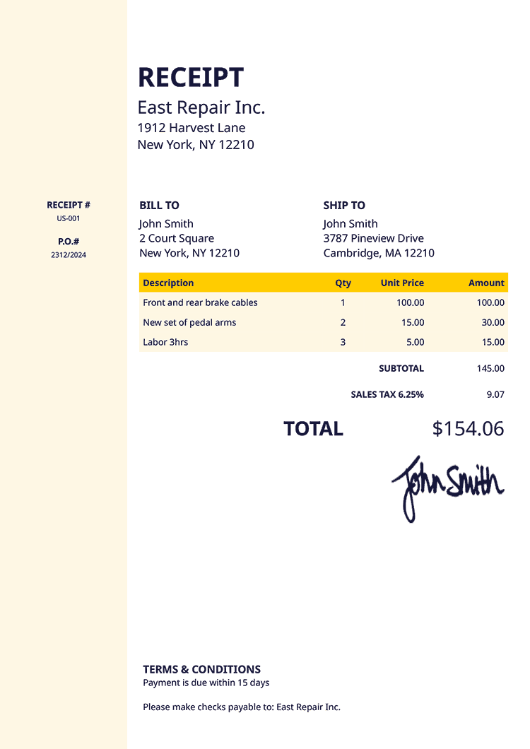 Receipt Template Us Column Yellow 