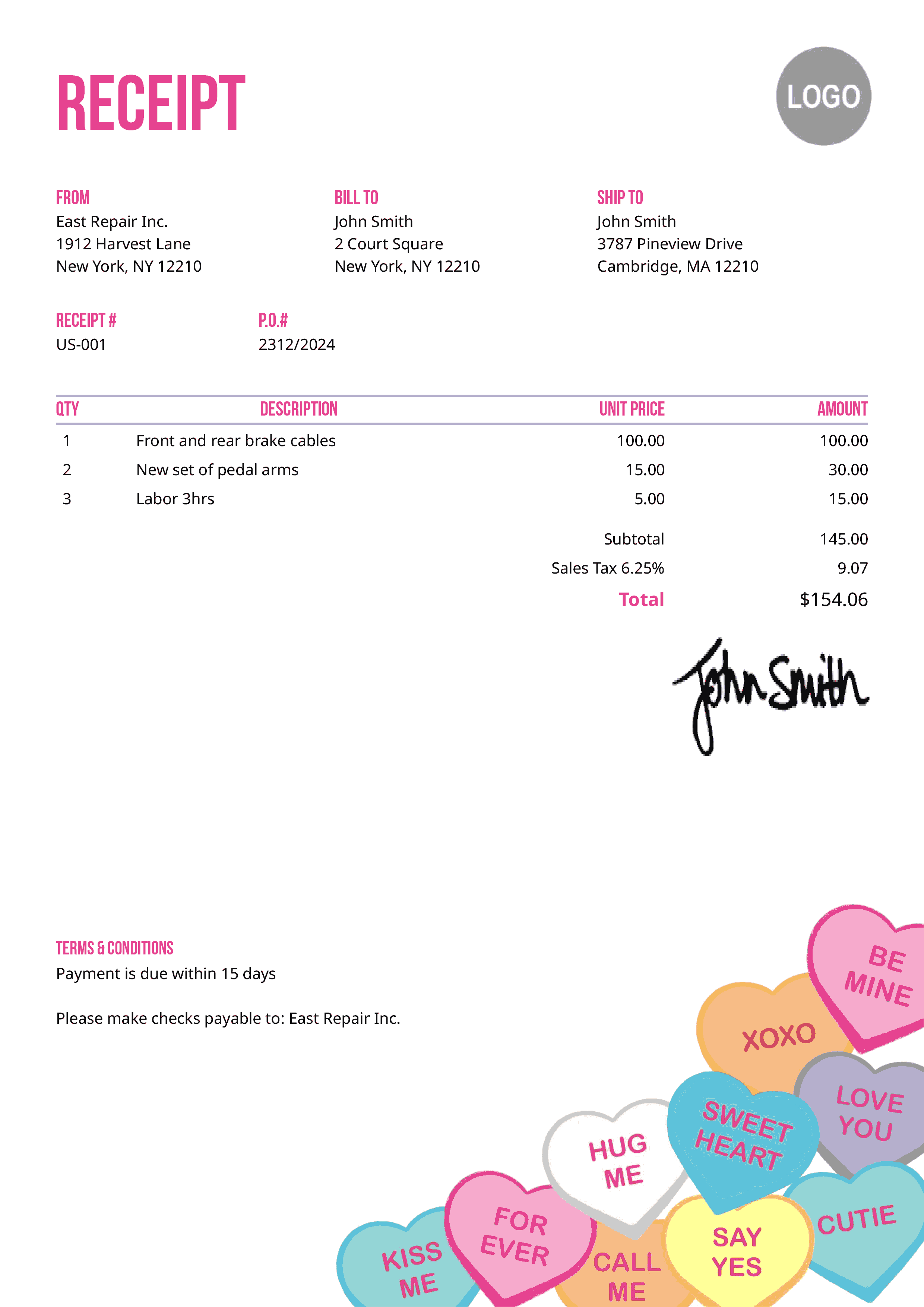 Receipt Template Us Conversation Hearts 