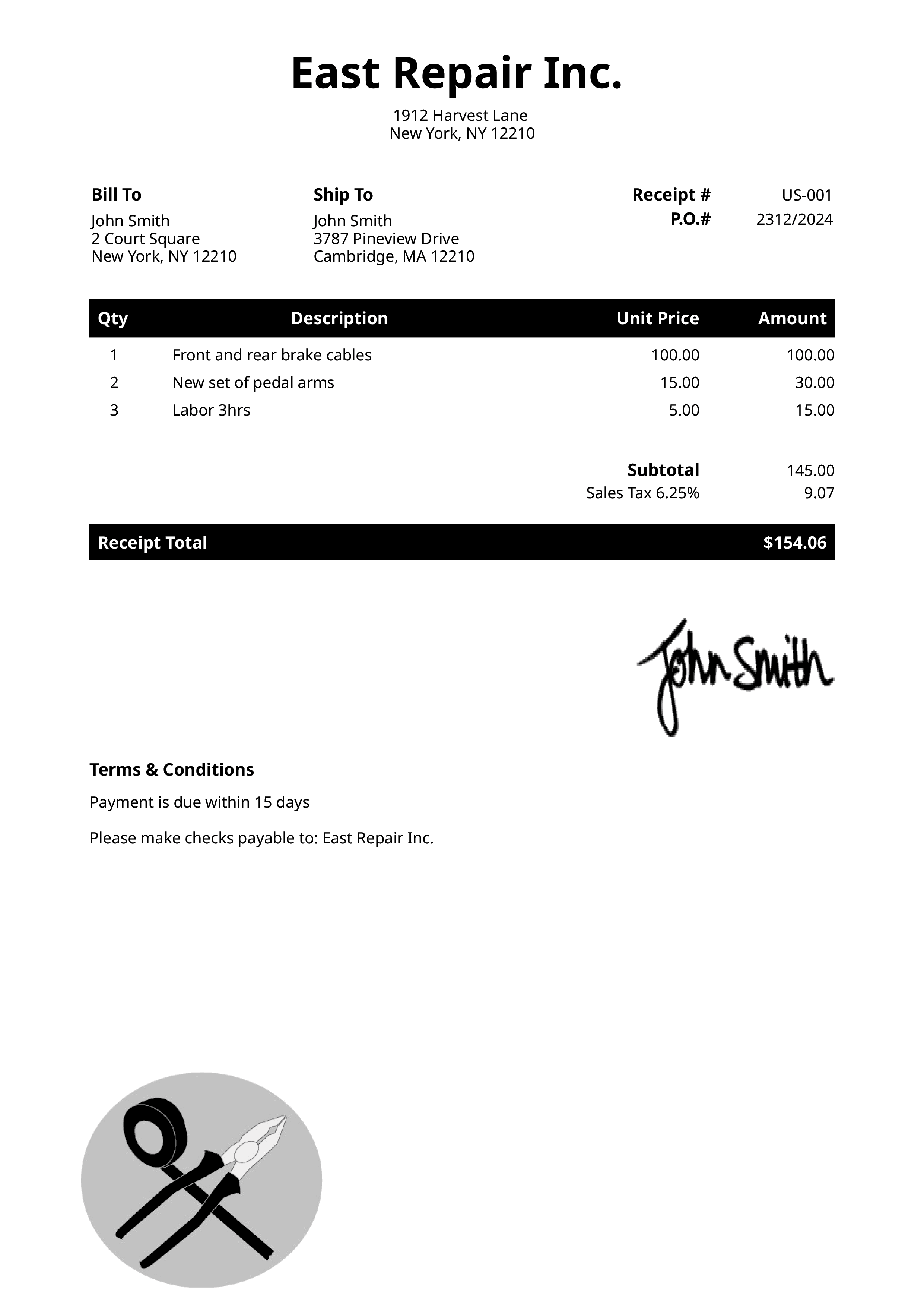 Receipt Template Us Electrician Black 