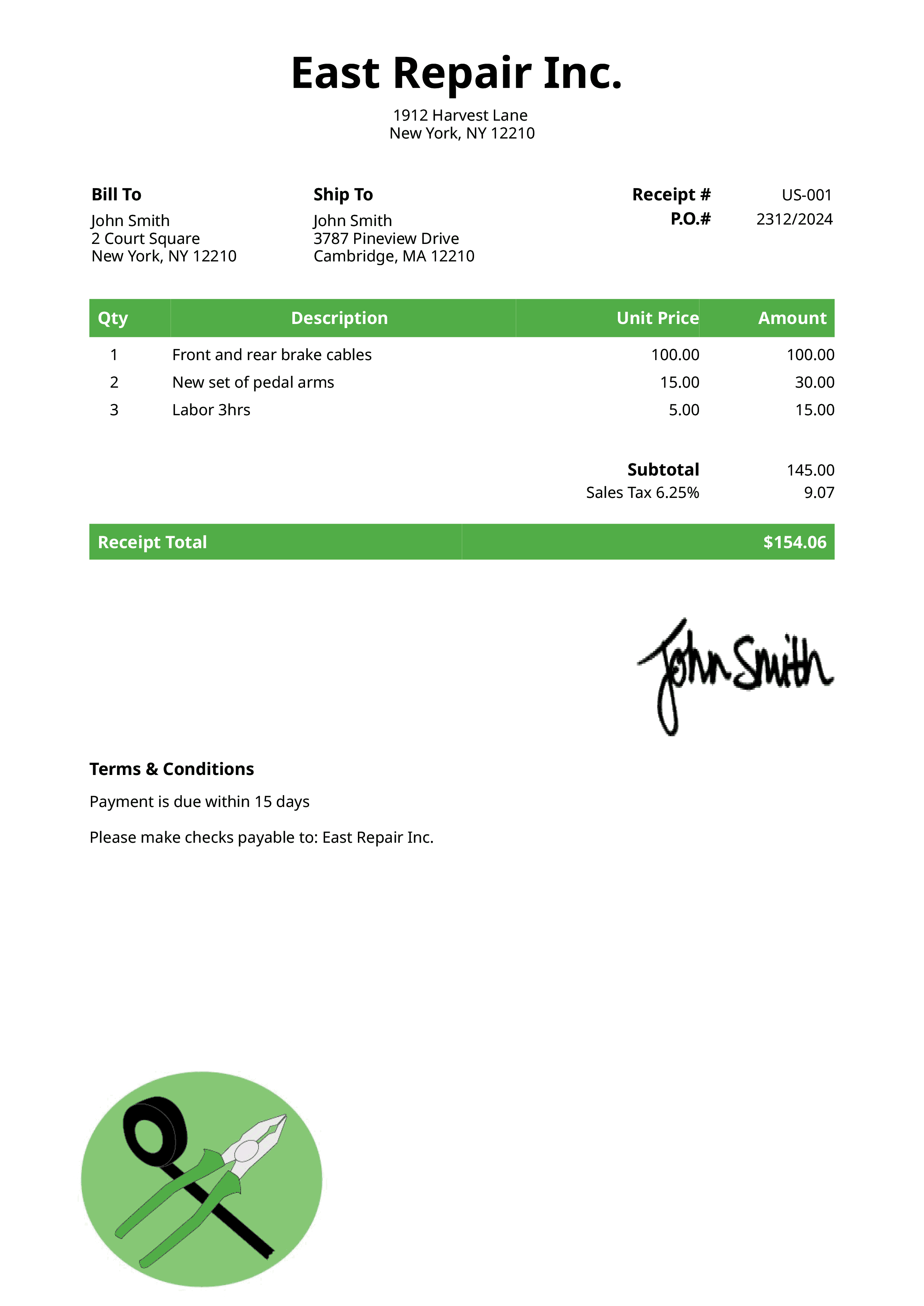 Receipt Template Us Electrician Green 