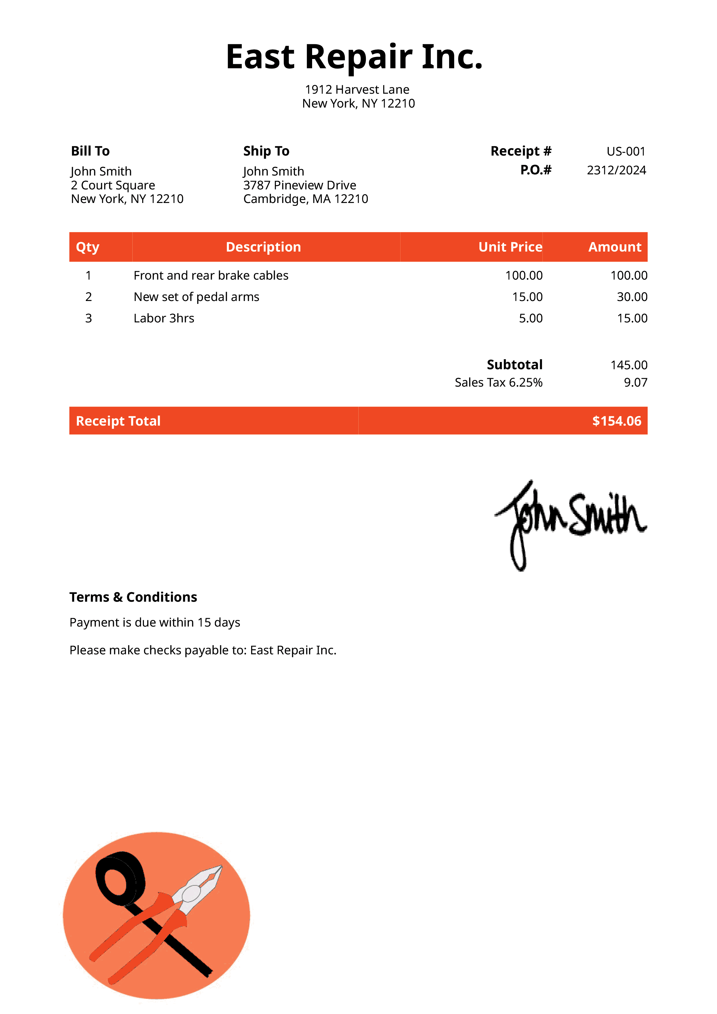 Receipt Template Us Electrician Orange 
