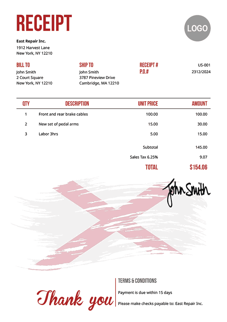 Receipt Template Us Flag Of Alabama 