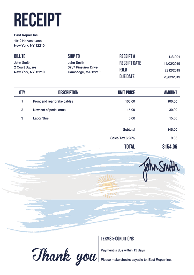 Receipt Template Us Flag Of Argentina 