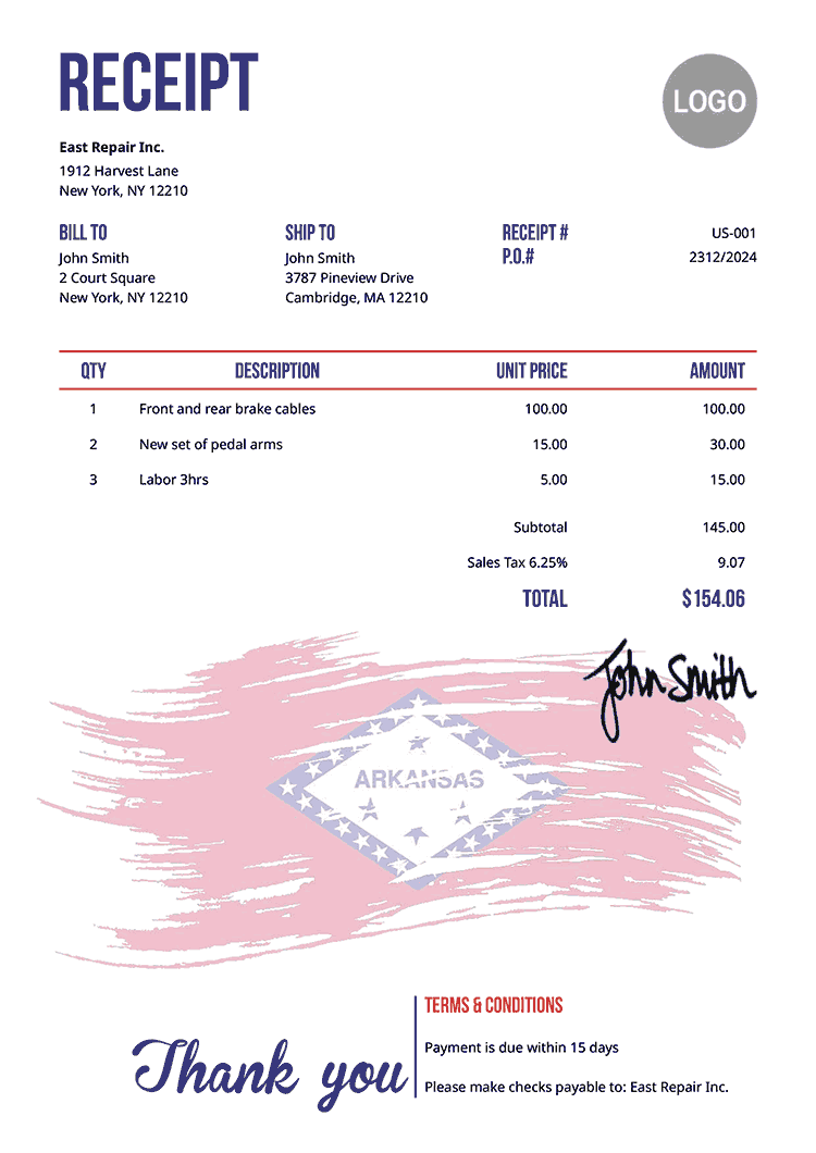 Receipt Template Us Flag Of Arkansas 