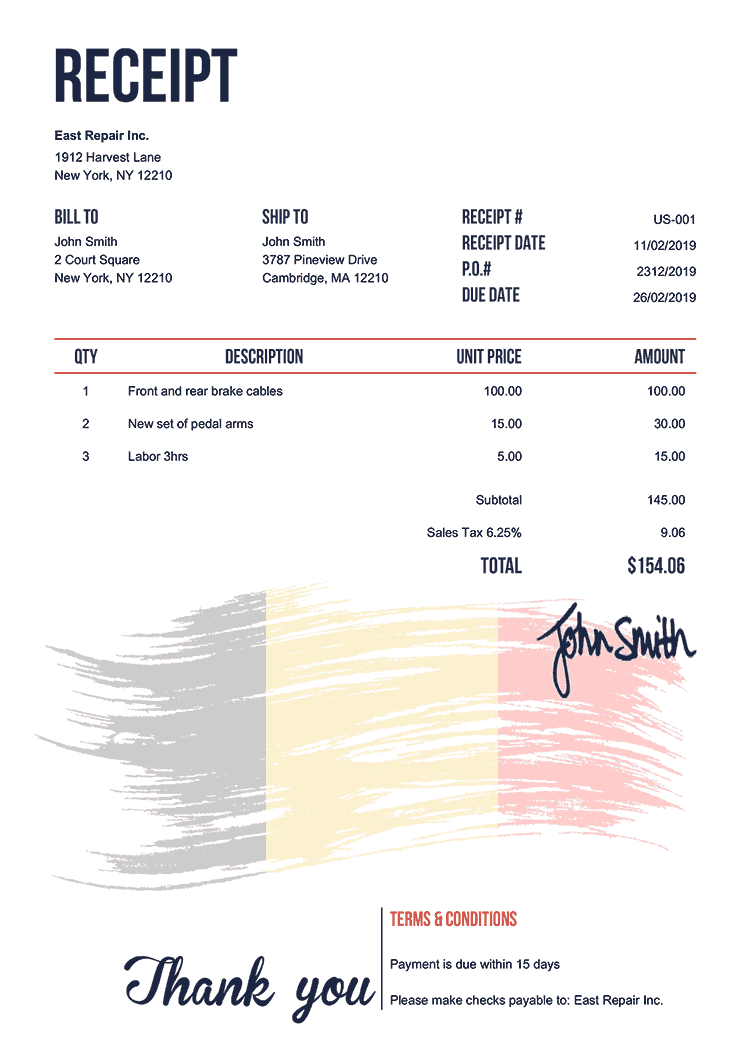 Receipt Template Us Flag Of Belgium 