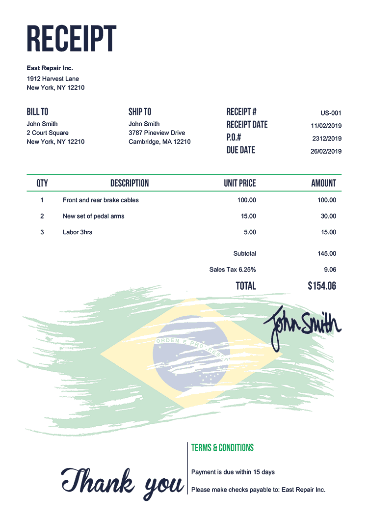 Receipt Template Us Flag Of Brazil 