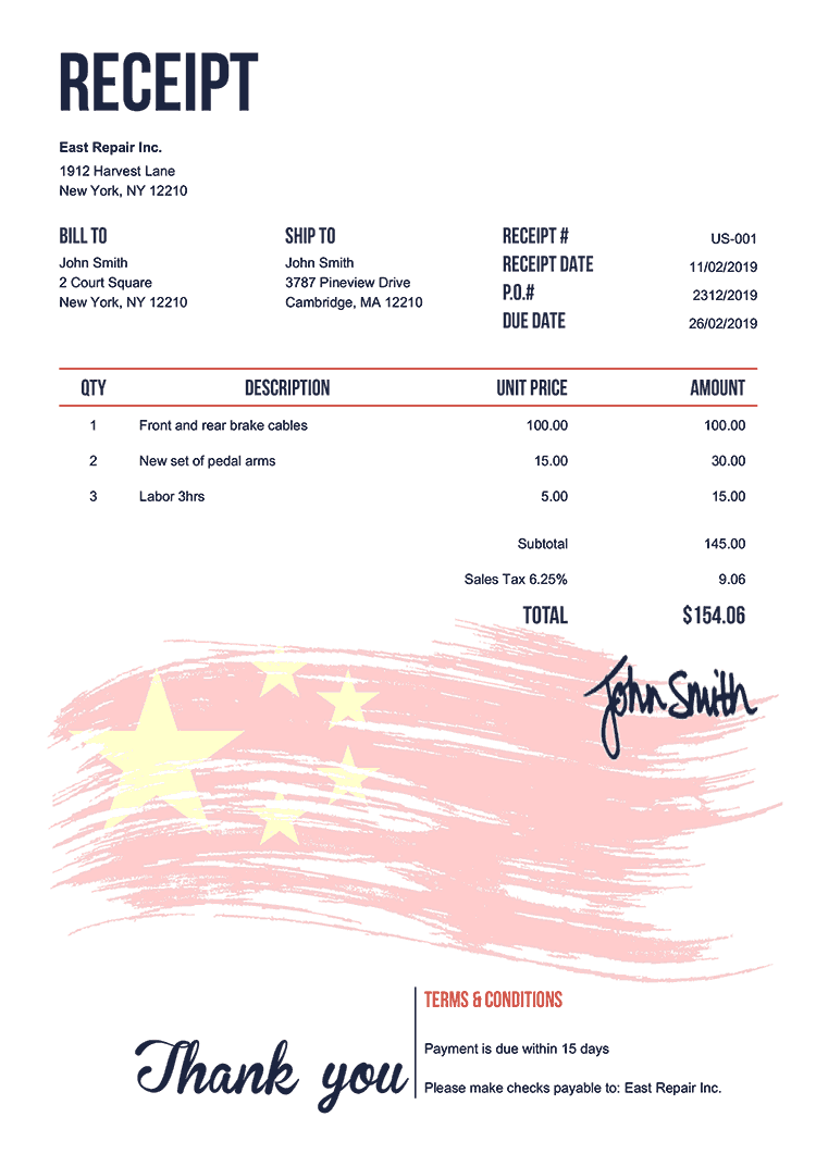 Receipt Template Us Flag Of China 