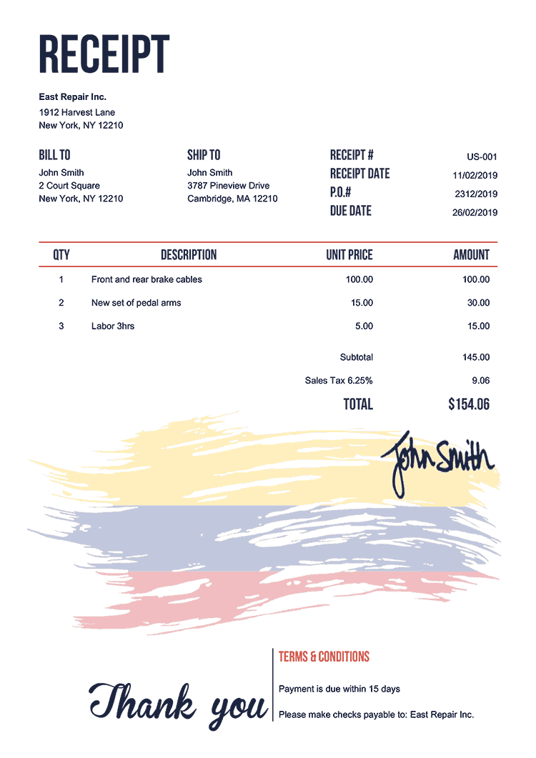Receipt Template Us Flag Of Colombia 