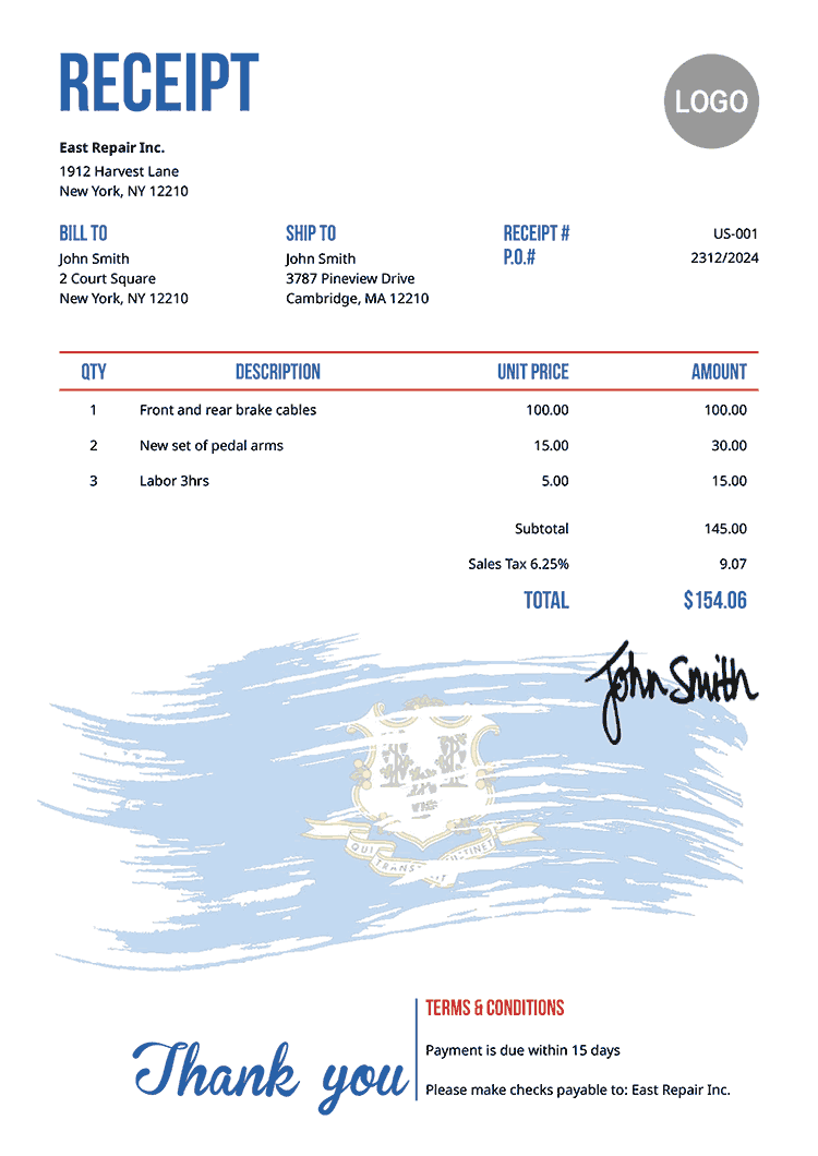 Receipt Template Us Flag Of Connecticut 