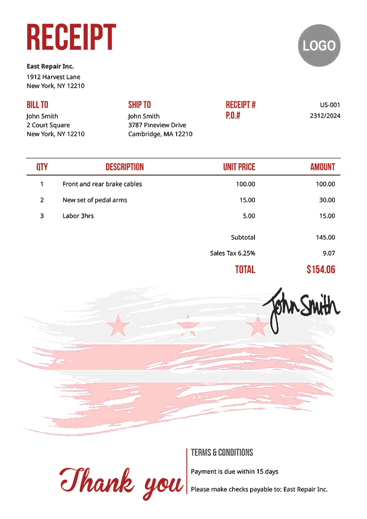 Receipt Template Us Flag Of District Of Columbia 