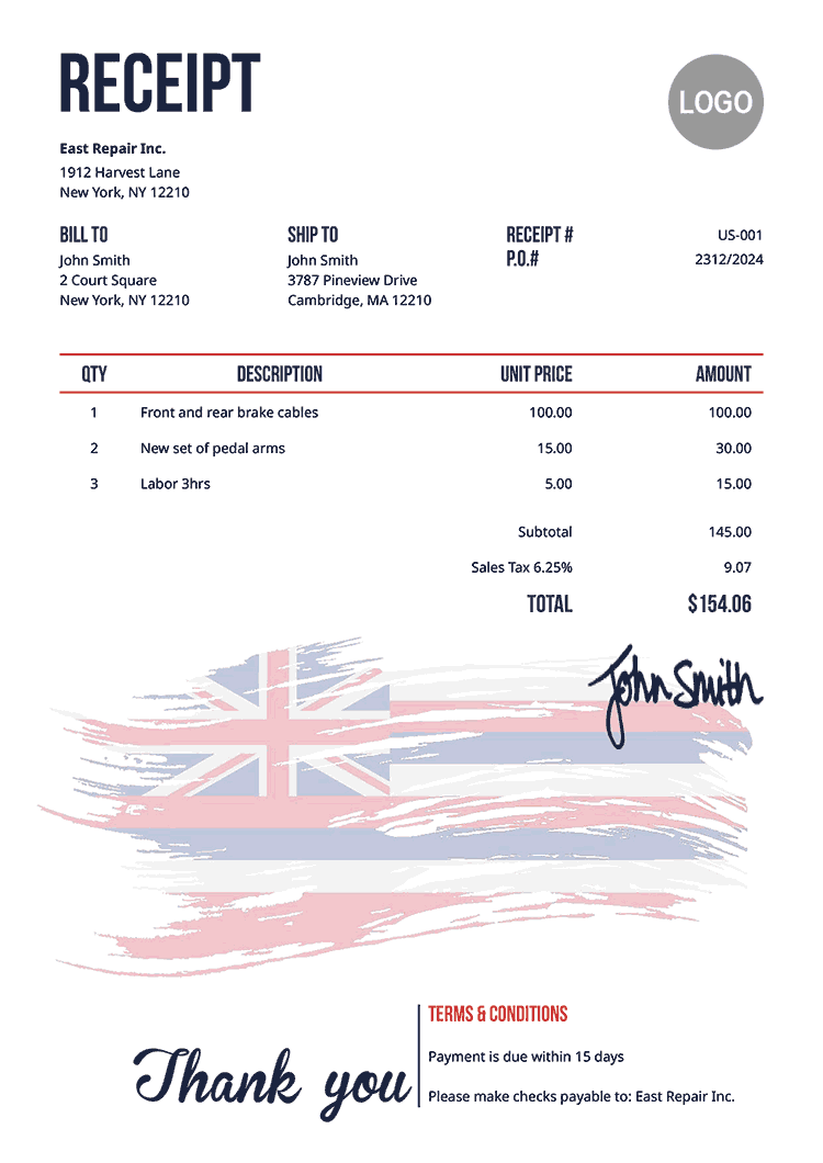 Receipt Template Us Flag Of Hawaii 
