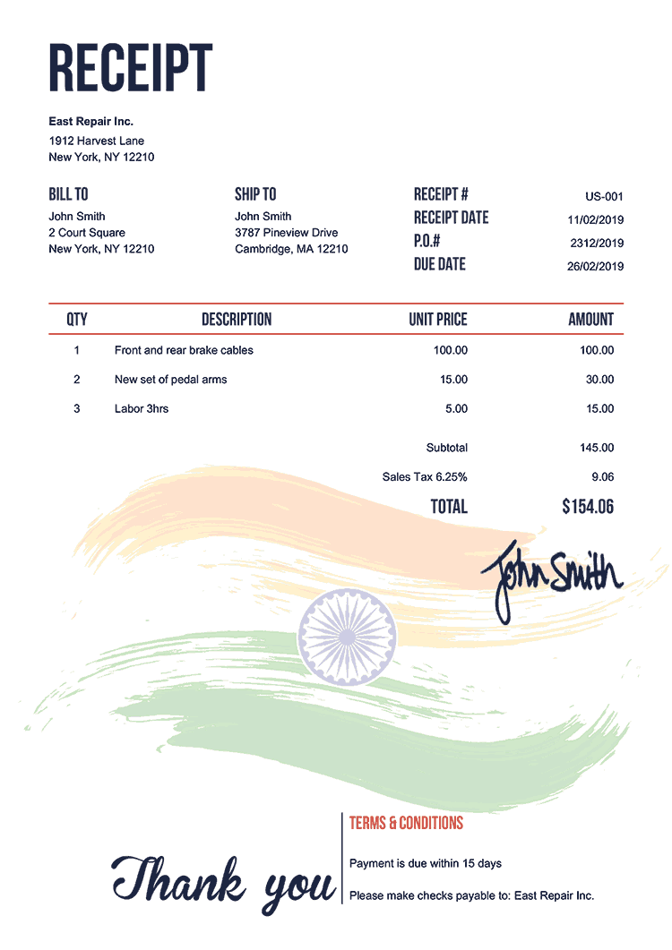 Receipt Template Us Flag Of India 