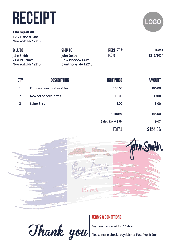 Receipt Template Us Flag Of Iowa 
