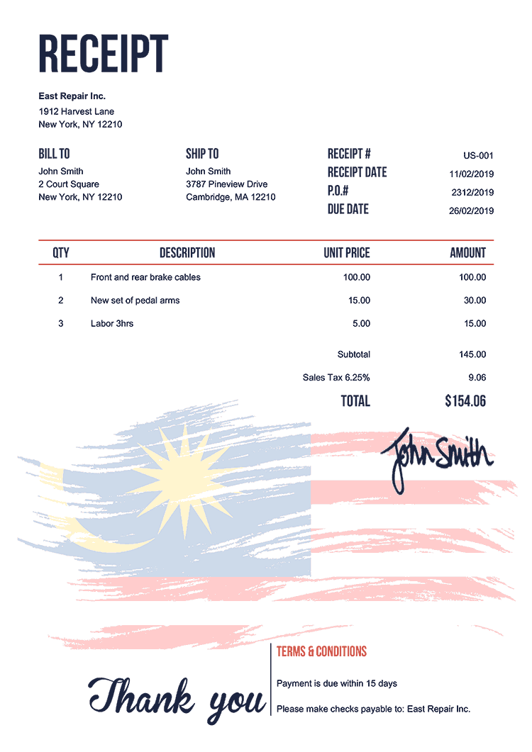 Receipt Template Us Flag Of Malaysia 