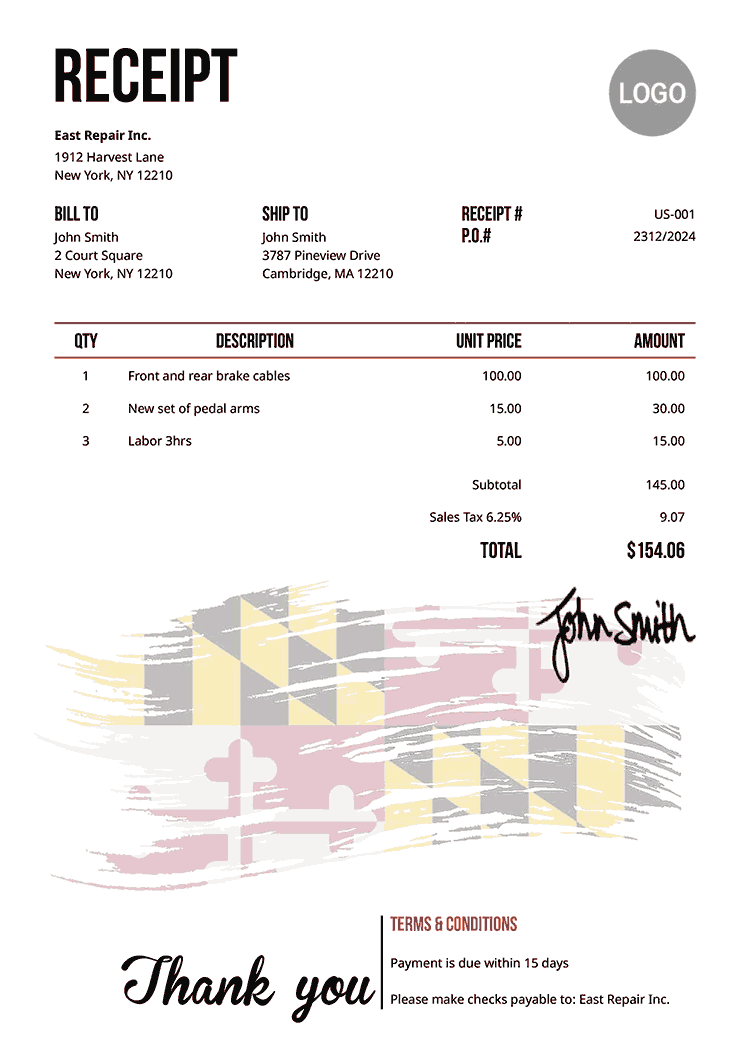 Receipt Template Us Flag Of Maryland 
