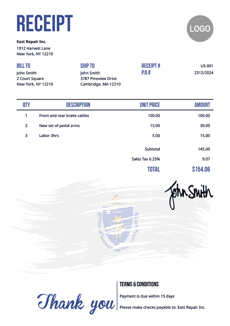 Receipt Template Us Flag Of Massachusetts 