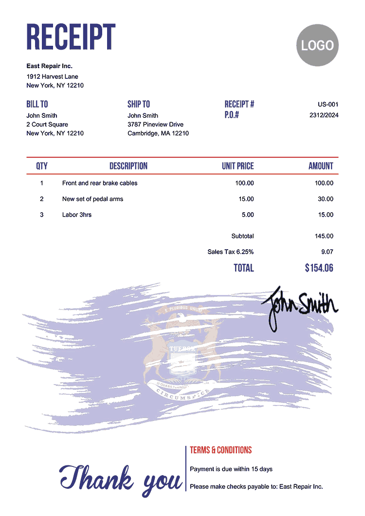 Receipt Template Us Flag Of Michigan 