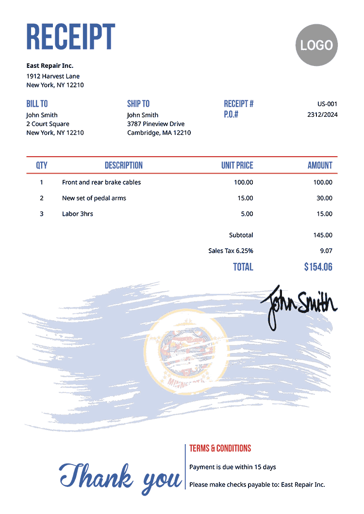 Receipt Template Us Flag Of Minnesota 