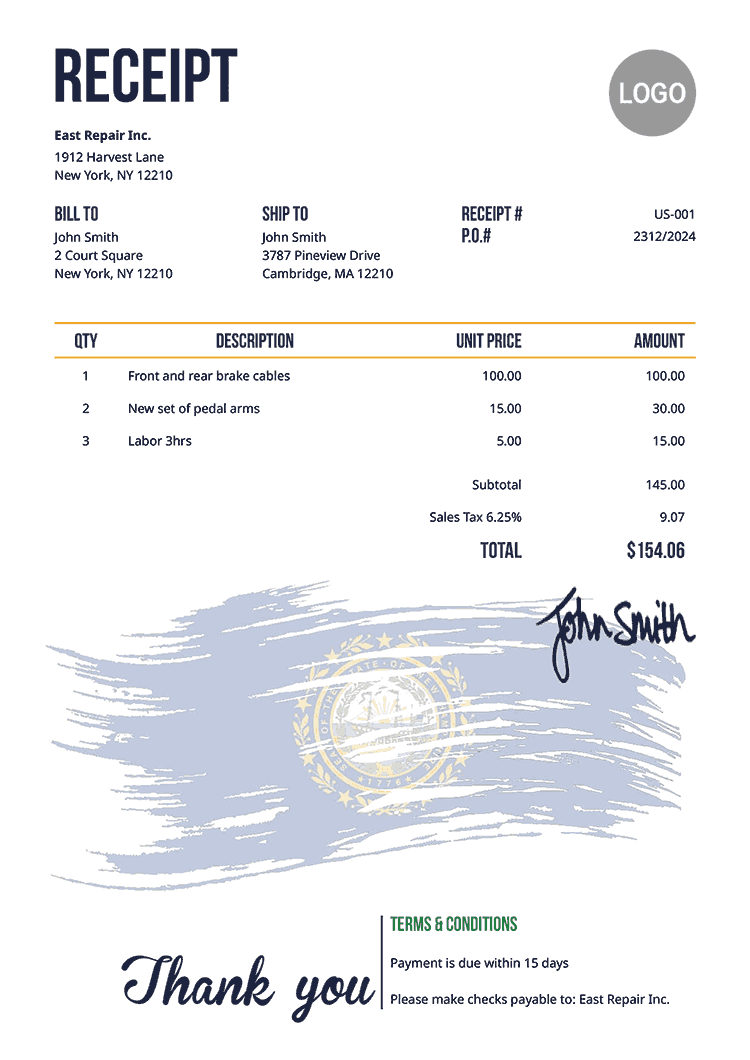 Receipt Template Us Flag Of New Hampshire 