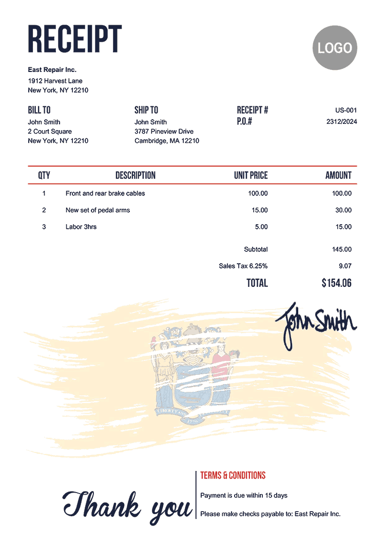 Receipt Template Us Flag Of New Jersey 