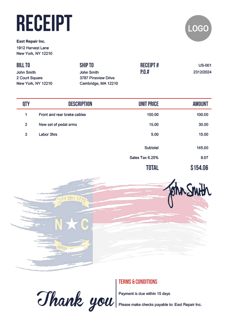 Receipt Template Us Flag Of North Carolina 