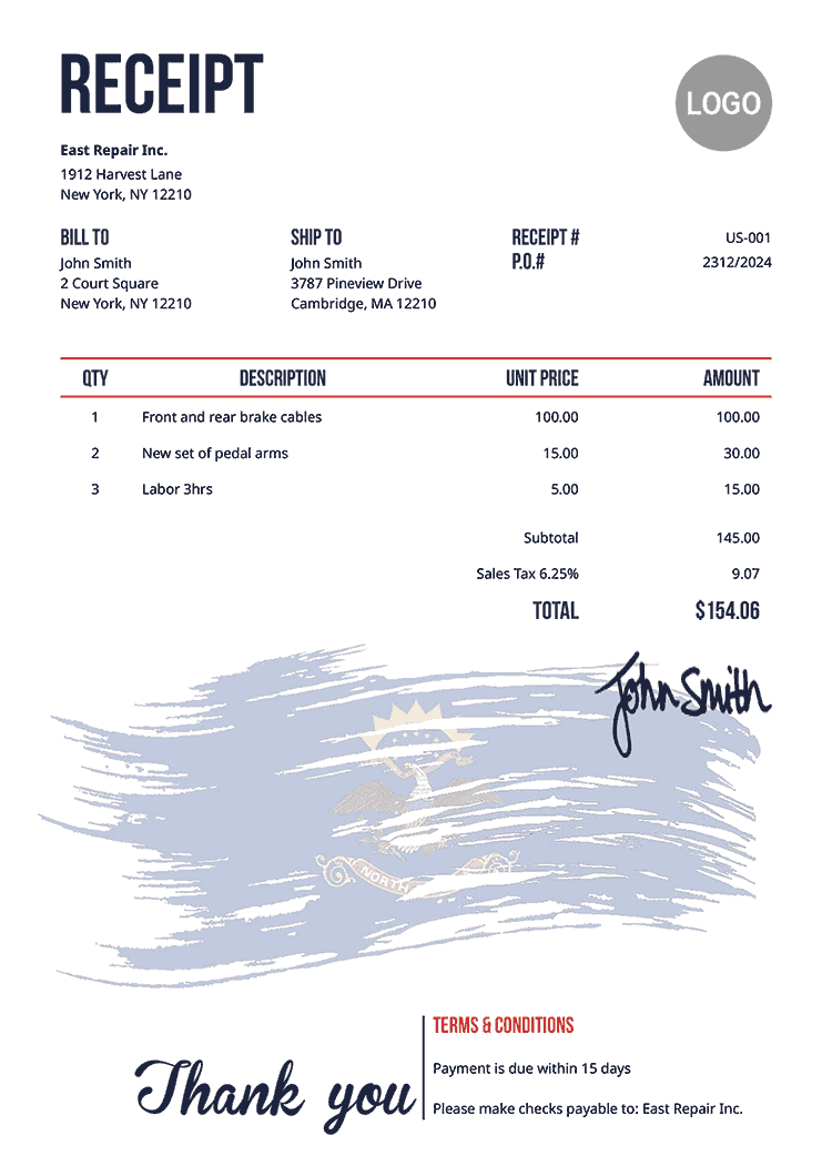 Receipt Template Us Flag Of North Dakota 