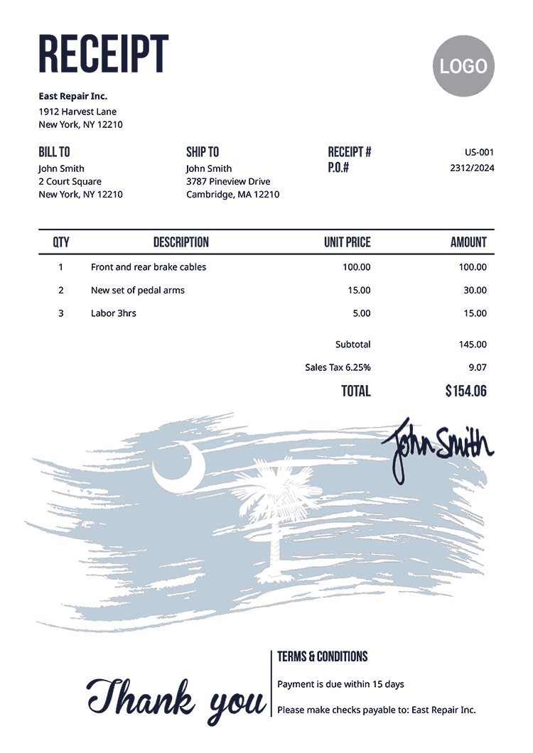 Receipt Template Us Flag Of South Carolina 