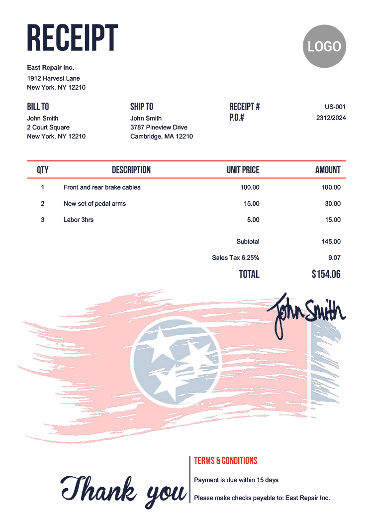 Receipt Template Us Flag Of Tennessee 