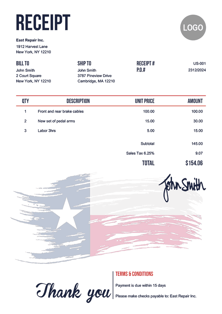 Receipt Template Us Flag Of Texas 