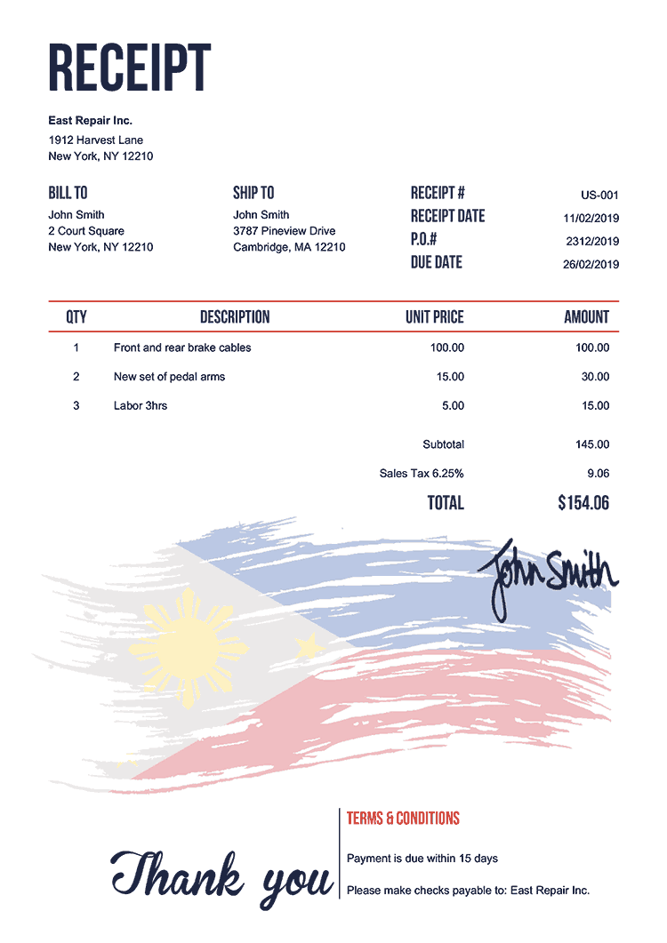 Receipt Template Us Flag Of The Philippines 