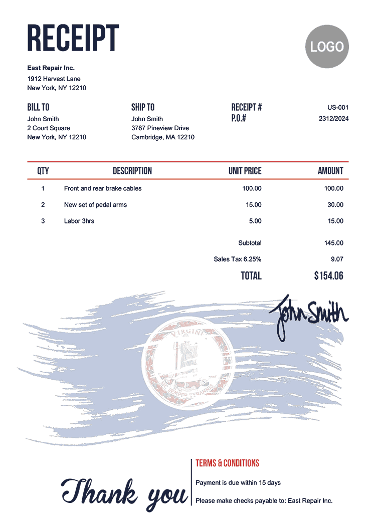Receipt Template Us Flag Of Virginia 
