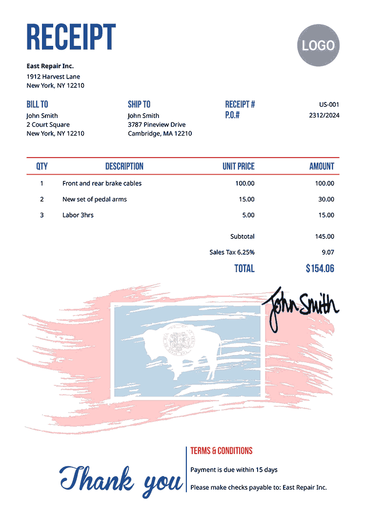 Receipt Template Us Flag Of Wyoming 