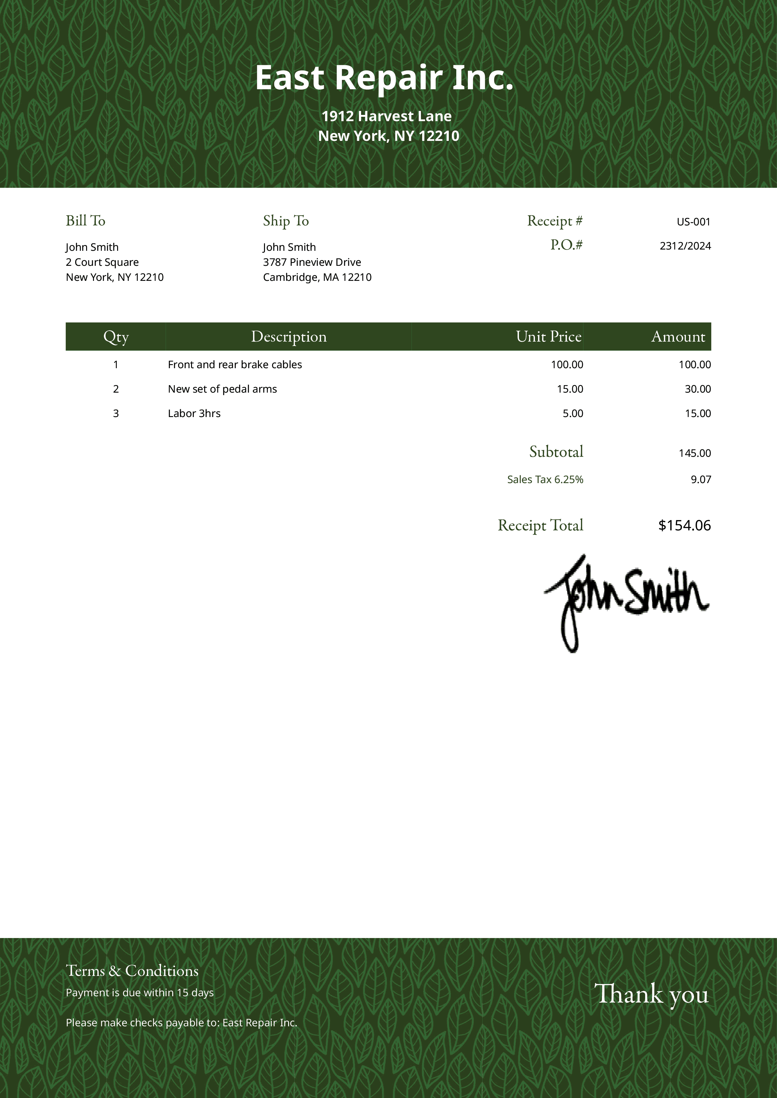 Receipt Template Us Greenery Dark 