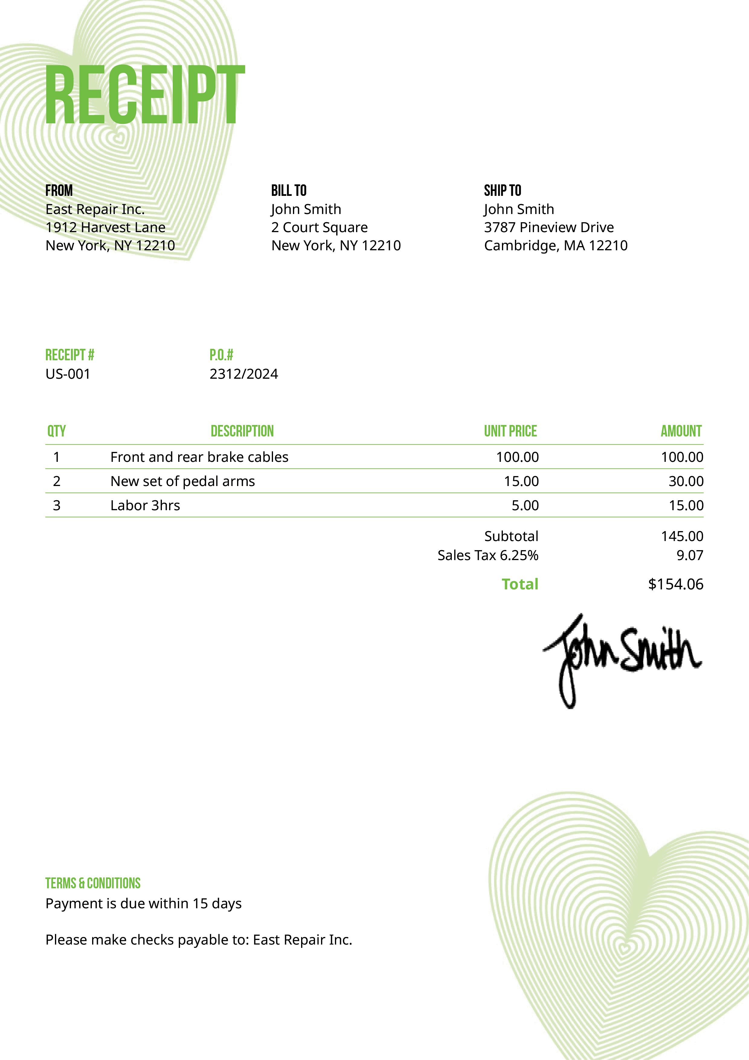 Receipt Template Us Hearts Green 