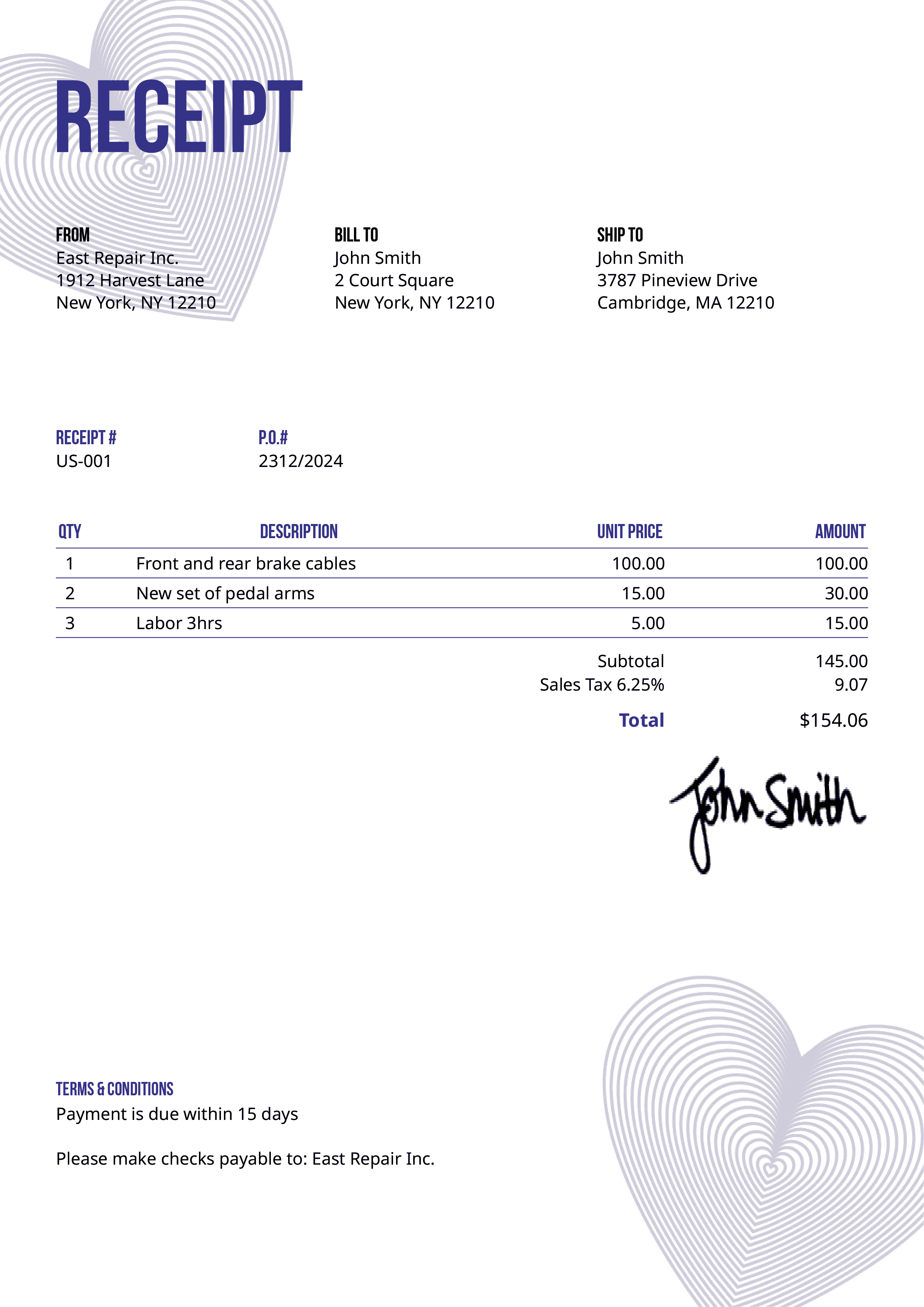 Receipt Template Us Hearts Purple 
