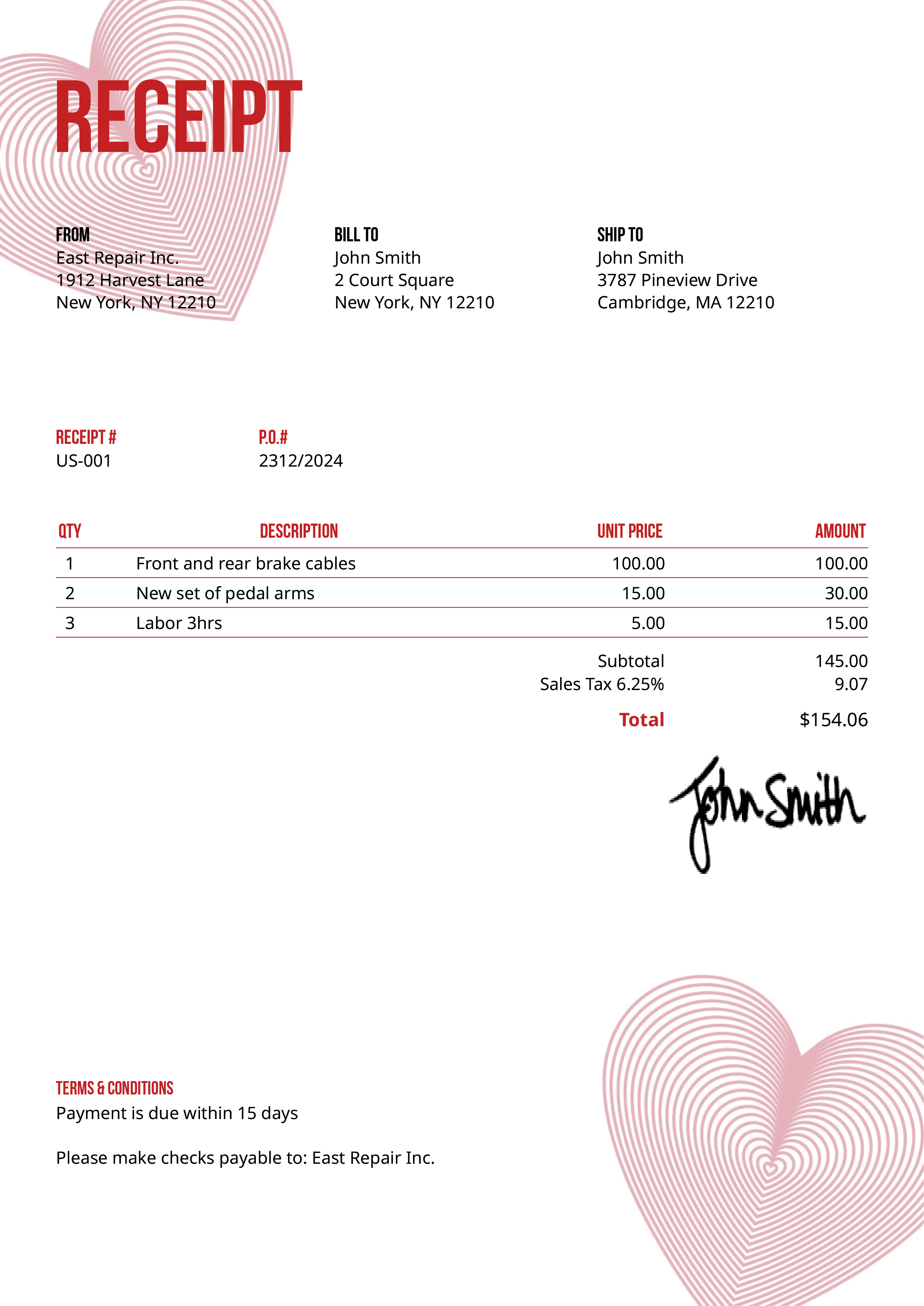 Receipt Template Us Hearts Red 