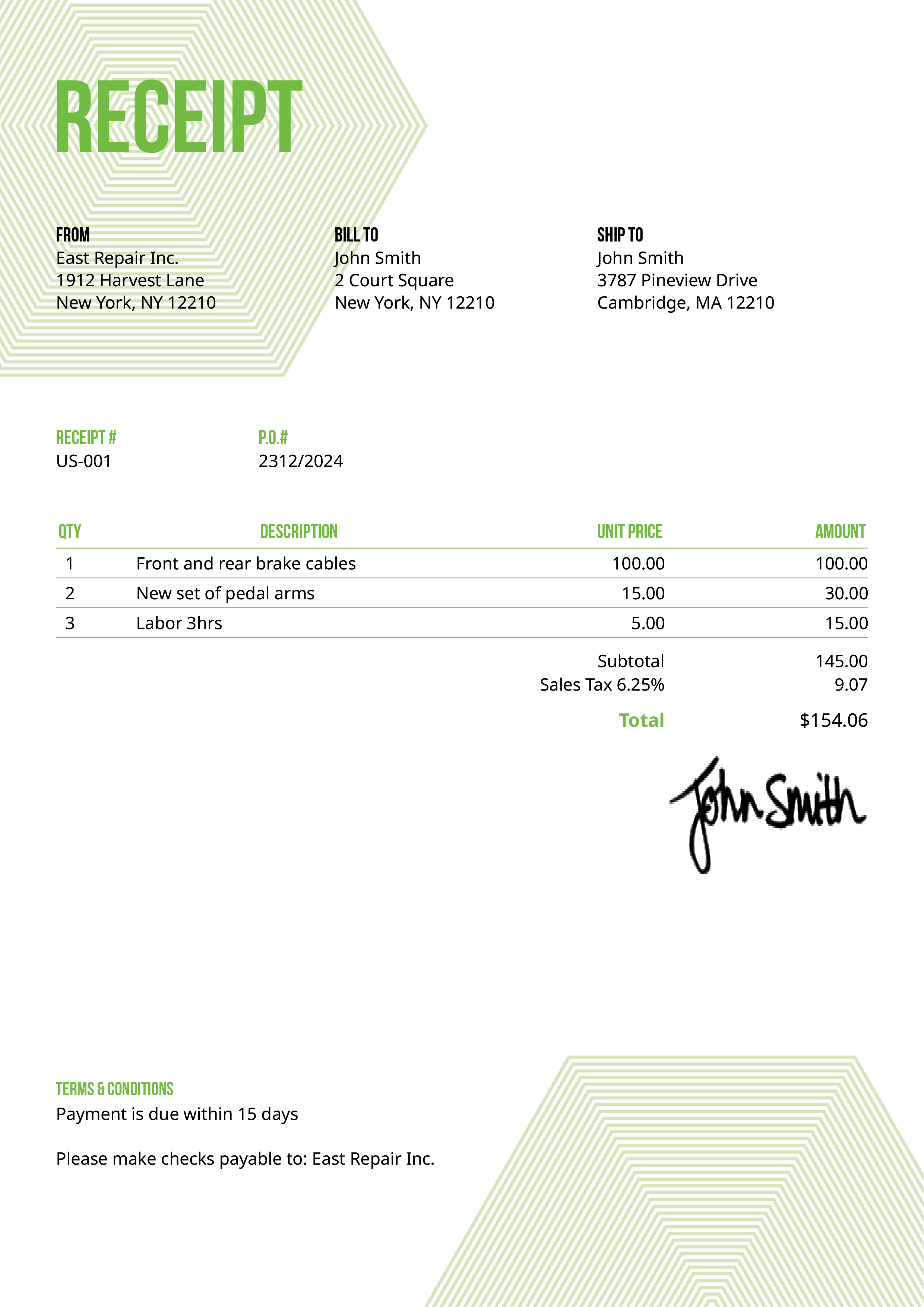 Receipt Template Us Hexagons Green 