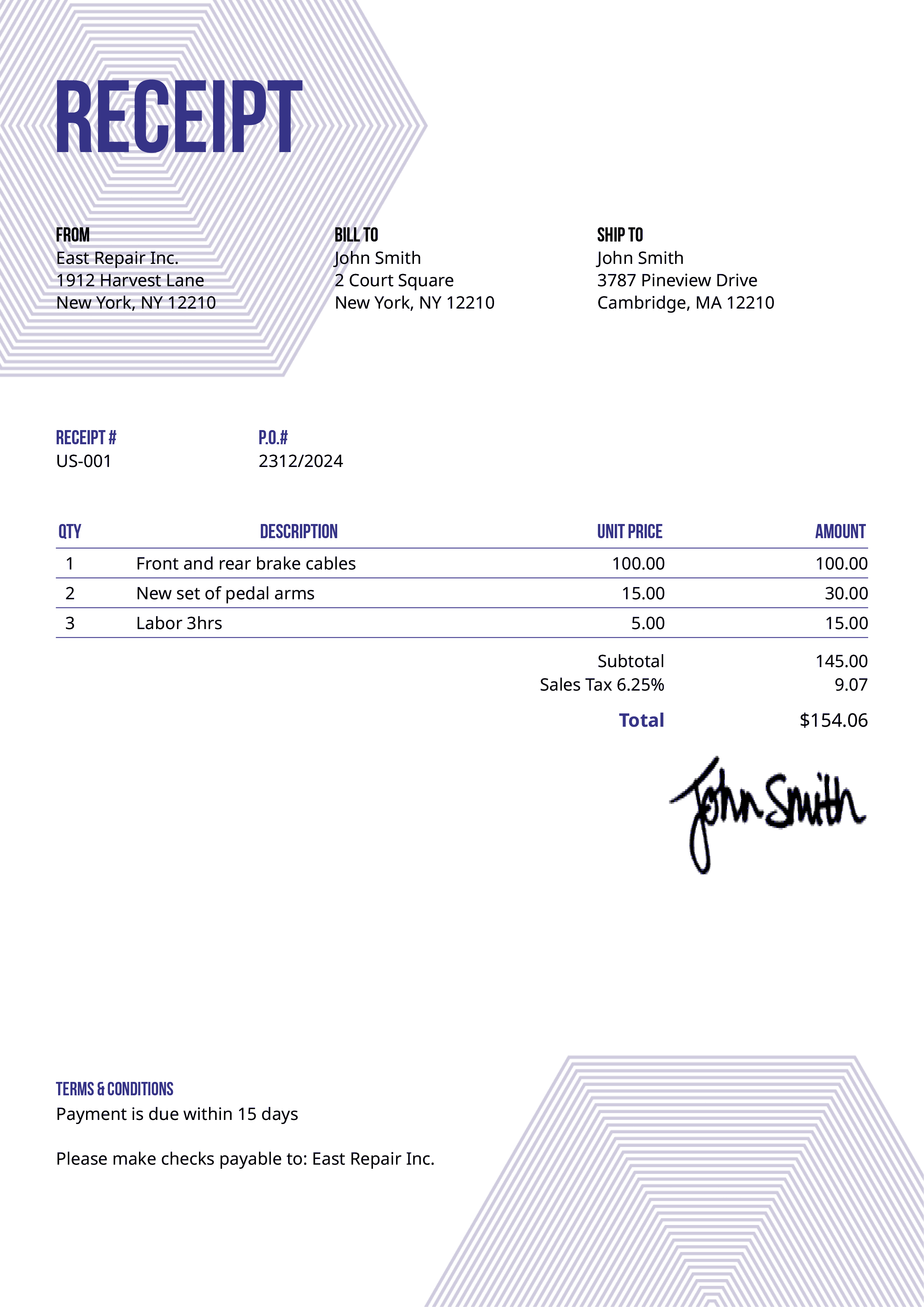 Receipt Template Us Hexagons Purple 