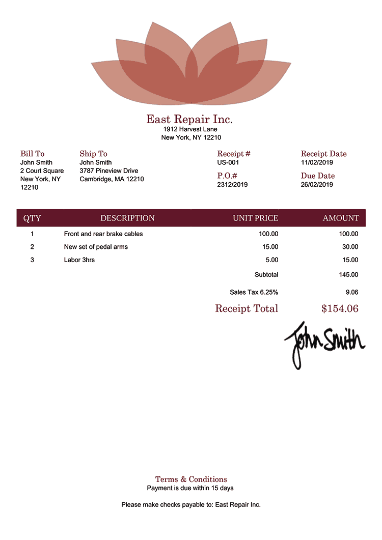 Receipt Template Us Lotus Red 