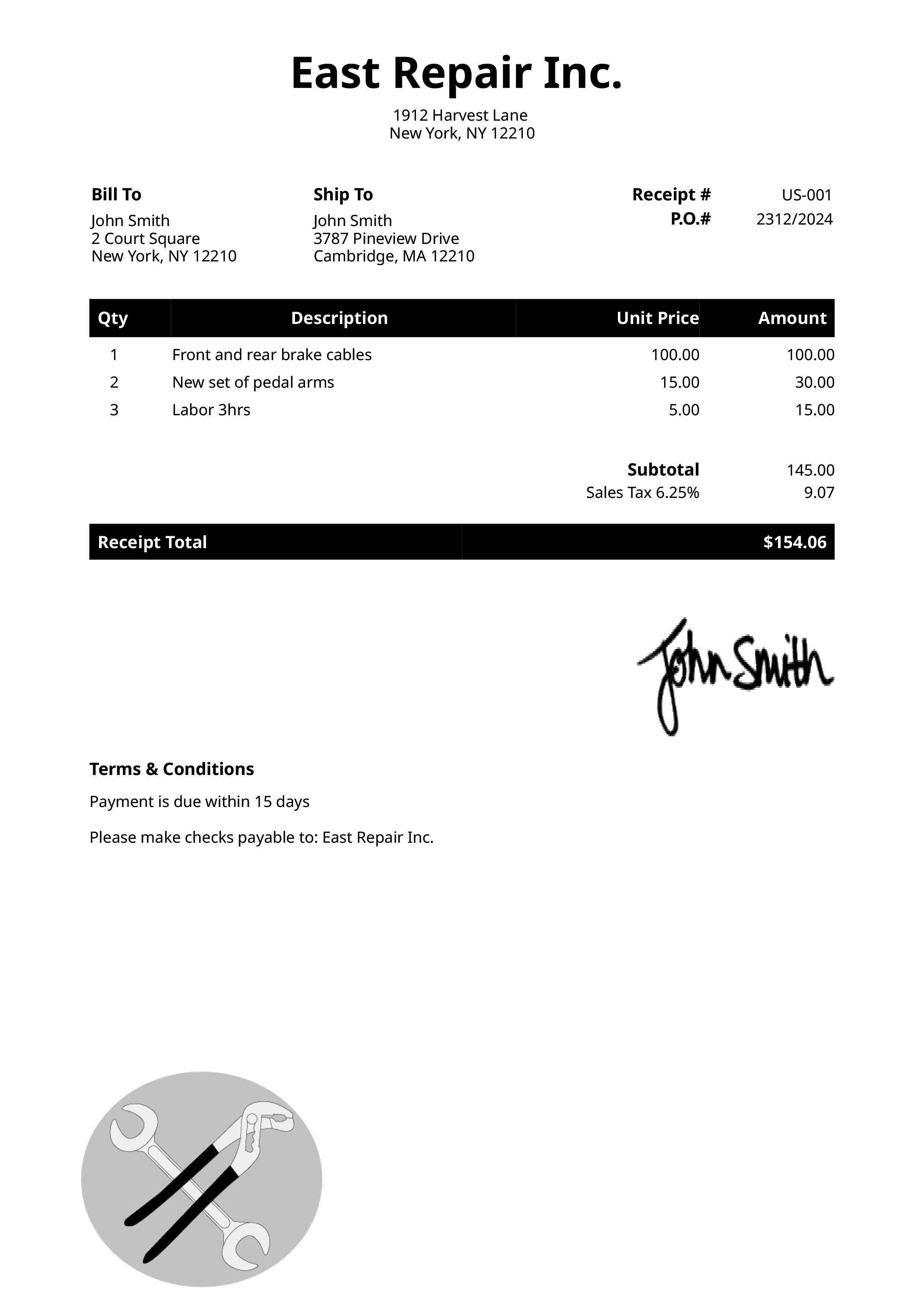Receipt Template Us Mechanic Black 