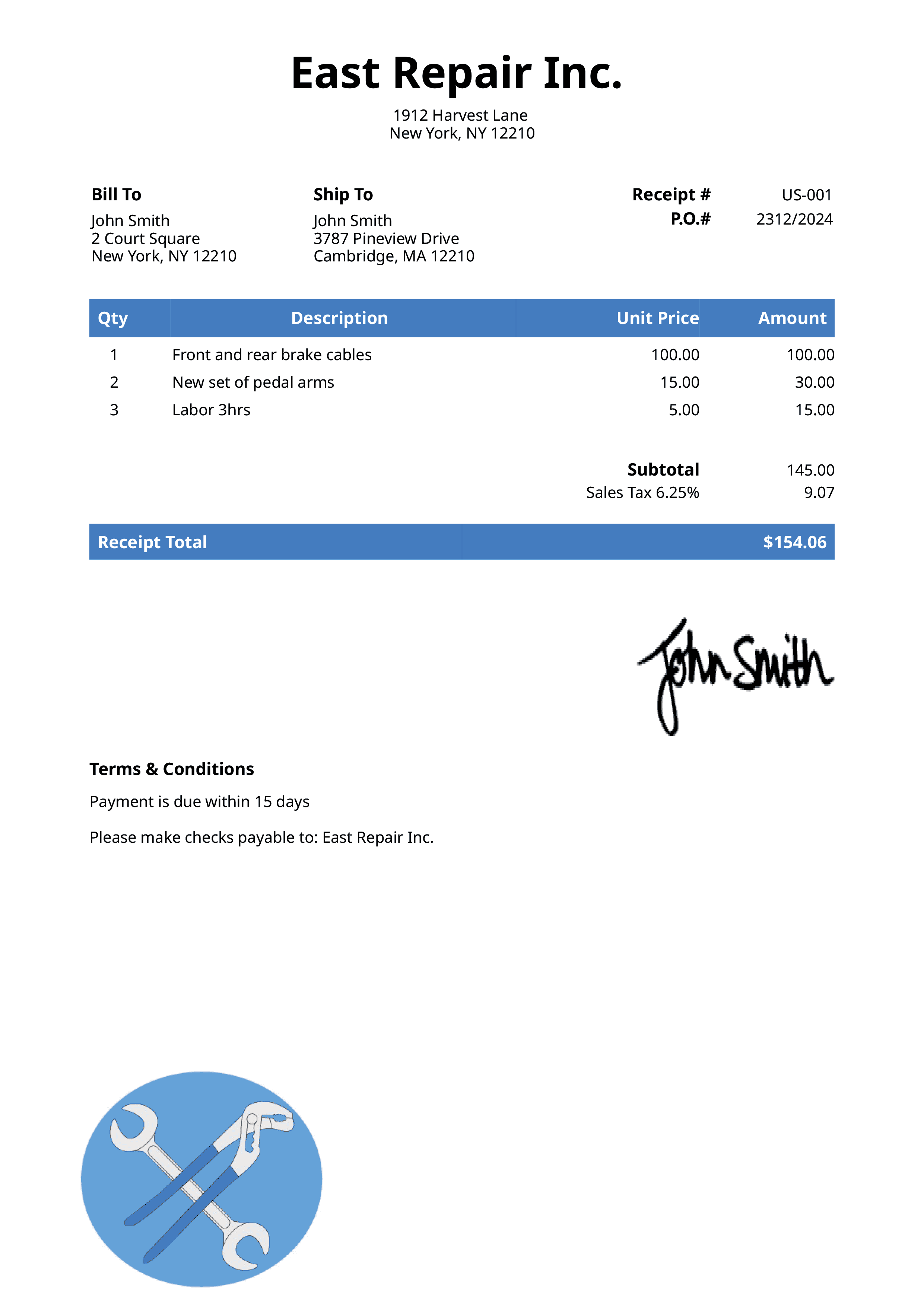 Receipt Template Us Mechanic Blue 