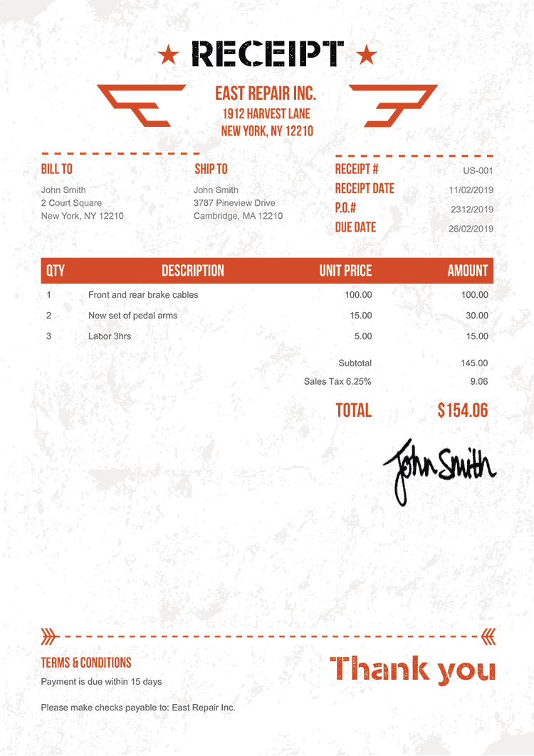 Receipt Template Us Military Orange 