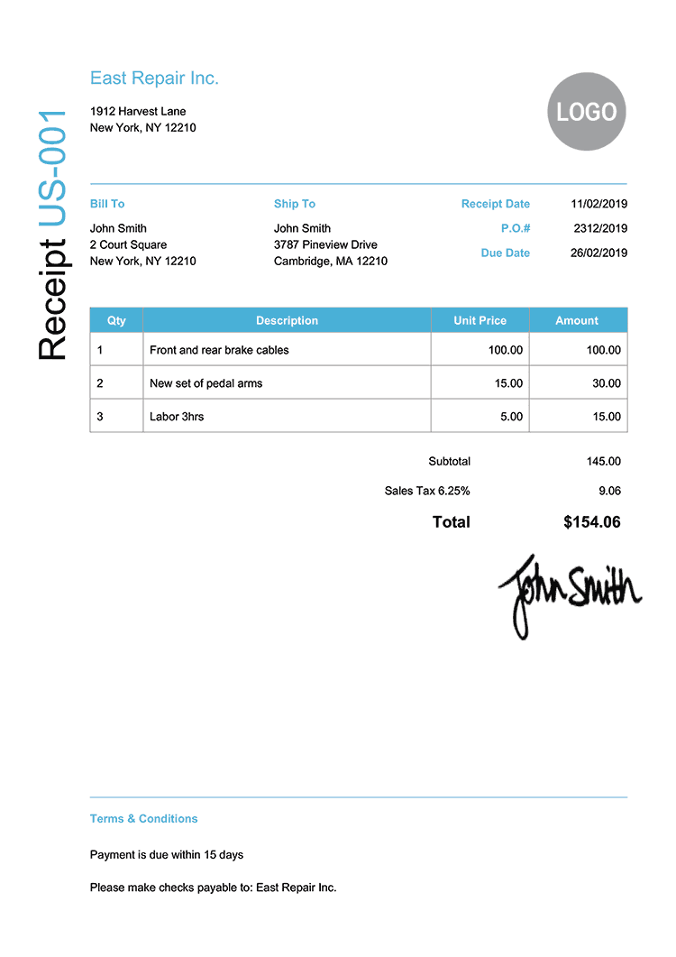 Receipt Template Us Modern Light Blue 